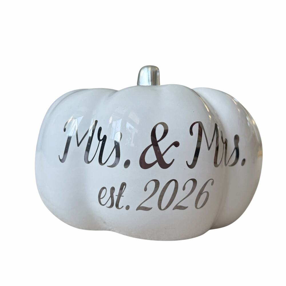 Martha Stewart MRS. & MRS. EST 2026 Ceramic Pumpkin White Silver Stem Small NEW